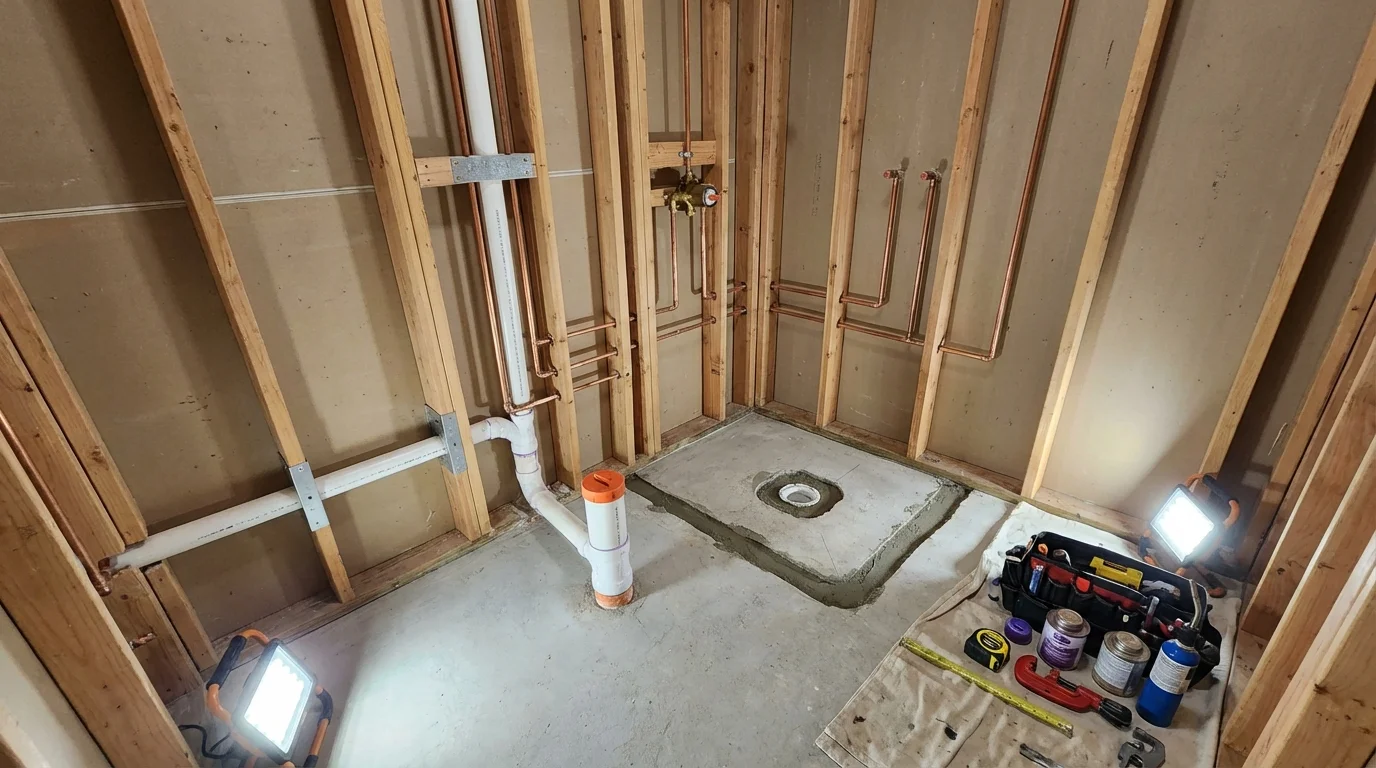 Bathroom rough-in plumbing during remodel by Johns Plumbing LLC in Pandora