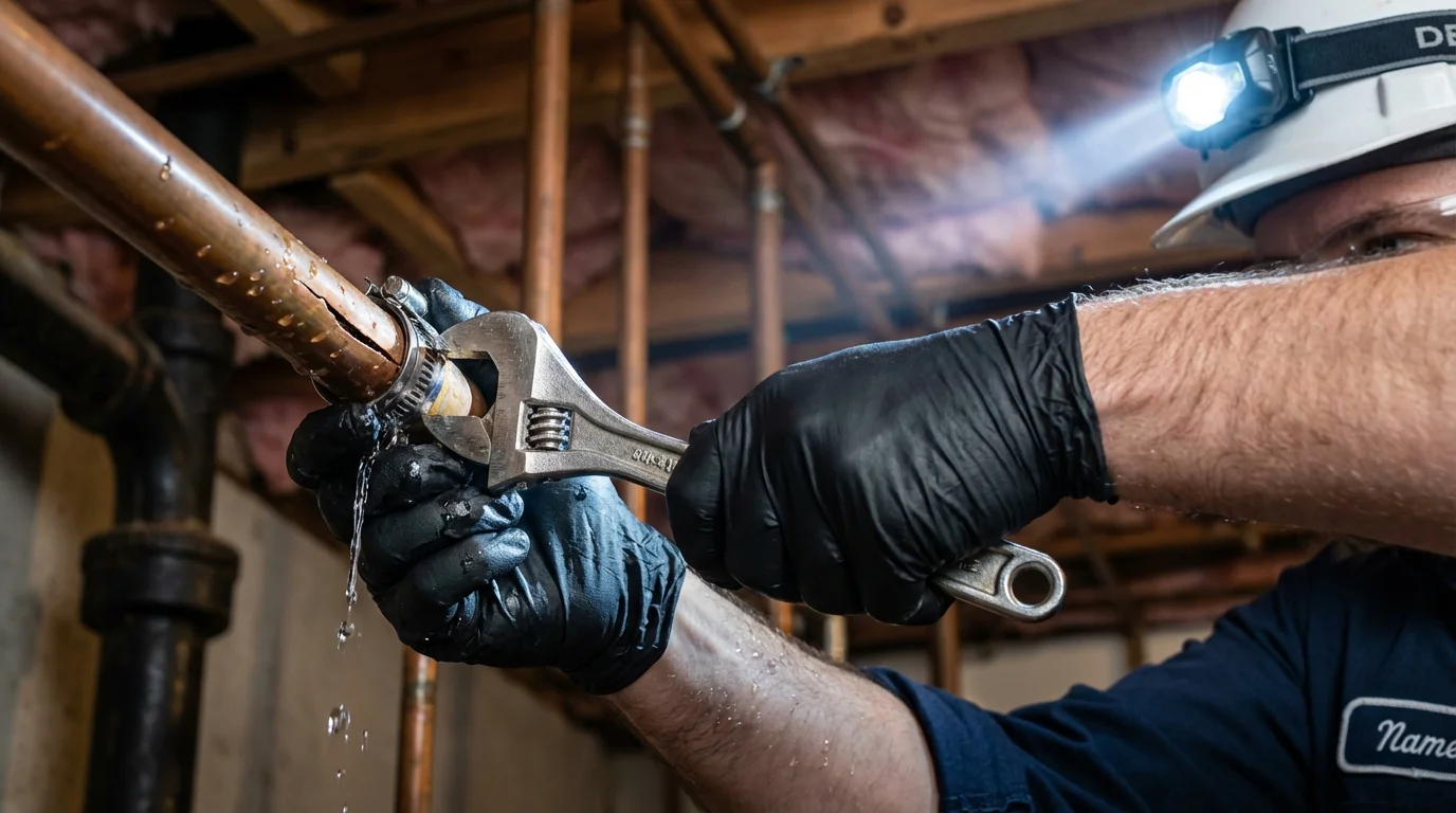 Emergency pipe clamp repair being performed by a Johns Plumbing LLC plumber in Pandora