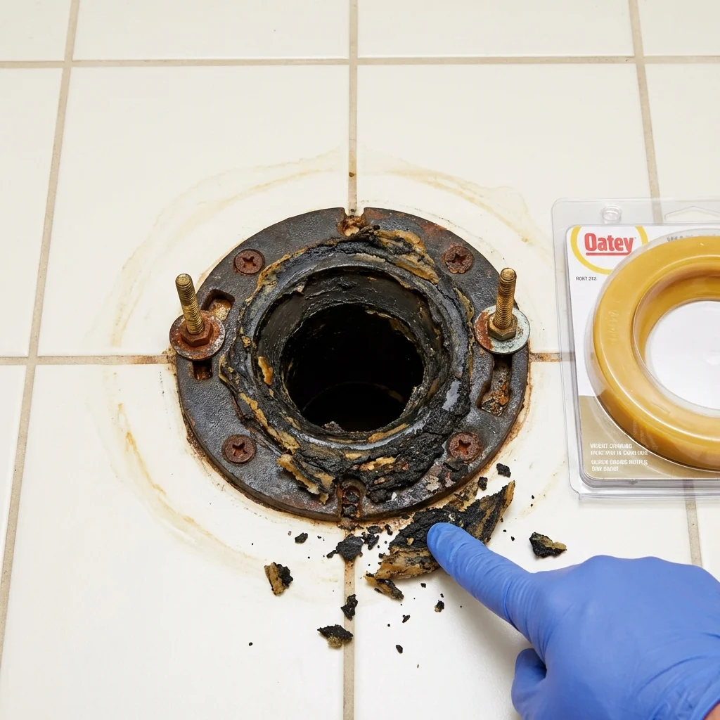 Failed wax ring showing water seepage at the base of a toilet in a Pandora, OH home