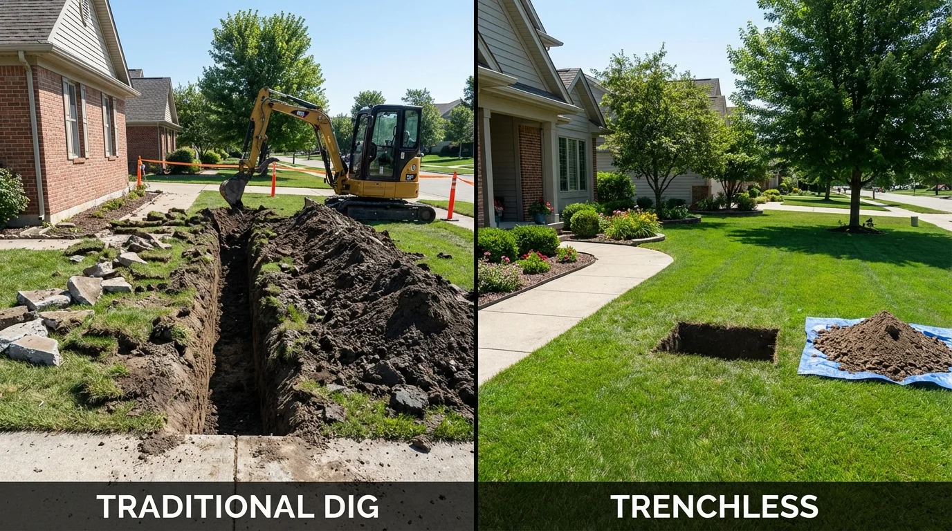 Trenchless sewer repair with minimal yard damage versus traditional excavation in Pandora, OH