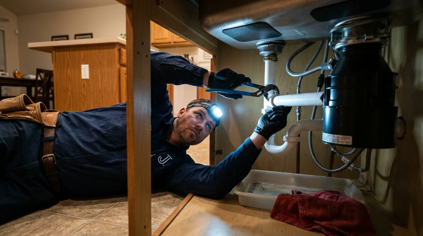 P-trap and supply line connections under a kitchen sink showing a common leak point in Pandora, OH